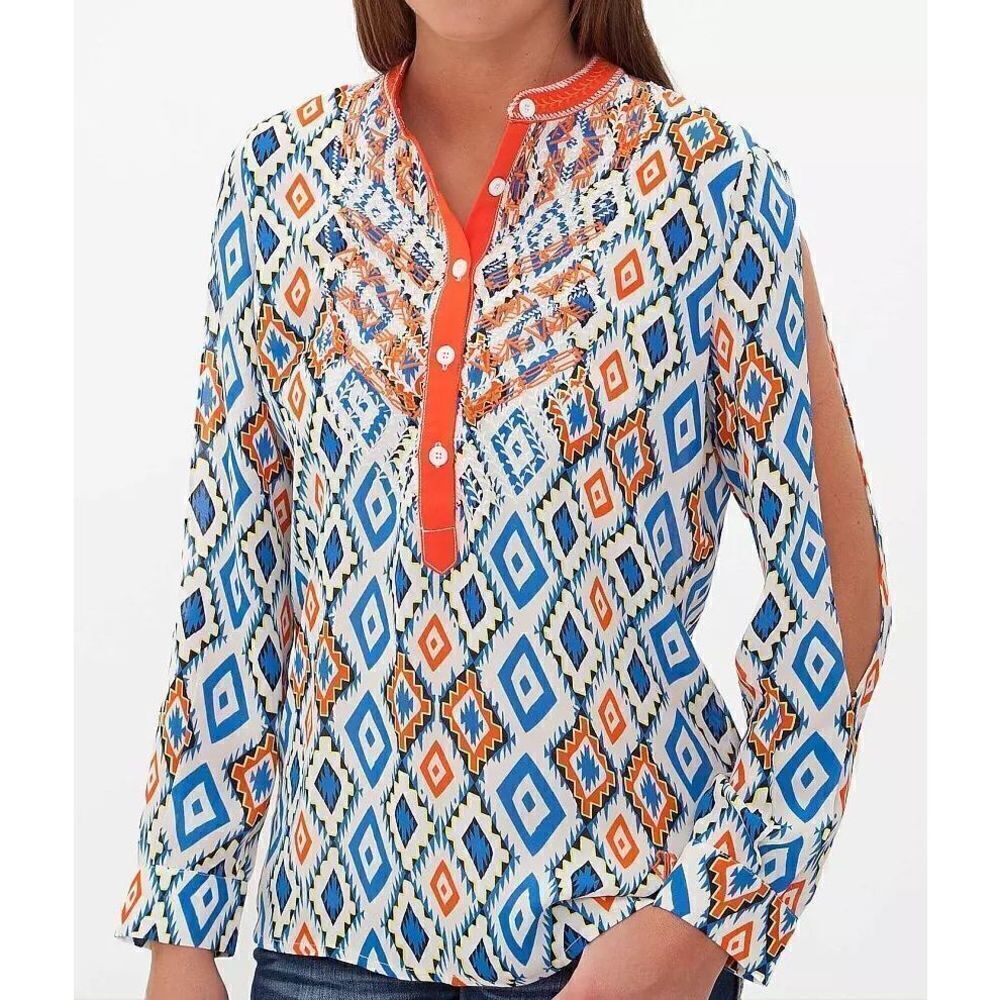 Womens Buckle Roar Fevered Cold Shoulder Diamond Print Henley Tunic Top - Sz XL